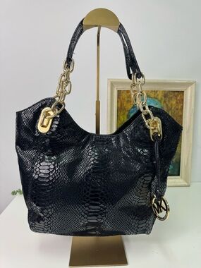 Michael Kors Python Embossed Leather Lilly Chain Tote Shoulder Bag